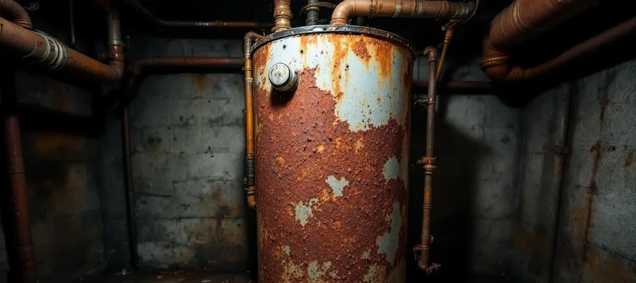 The image depicts a rusting hot water heater