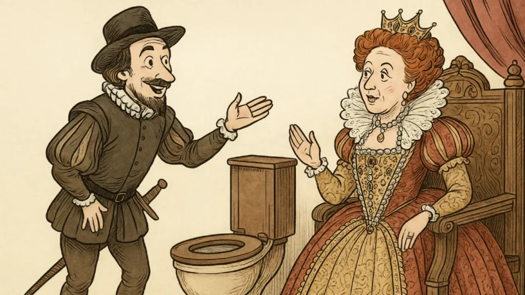 illustration of sir john Harrington and the queen next to a toilet