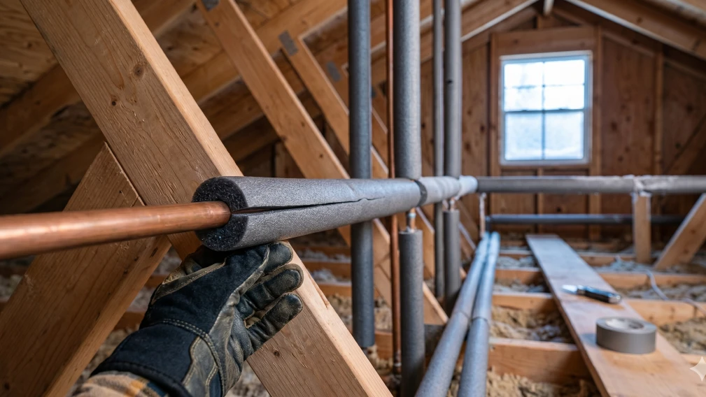 man applying insulation to pipes